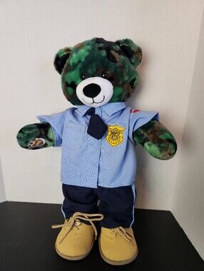 Build-A-Bear Green Camo Police Bear in Blue Uniform with Tan Boots